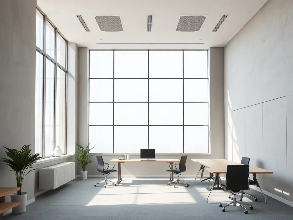 Minimalist office space with a large clean glass window, neu
