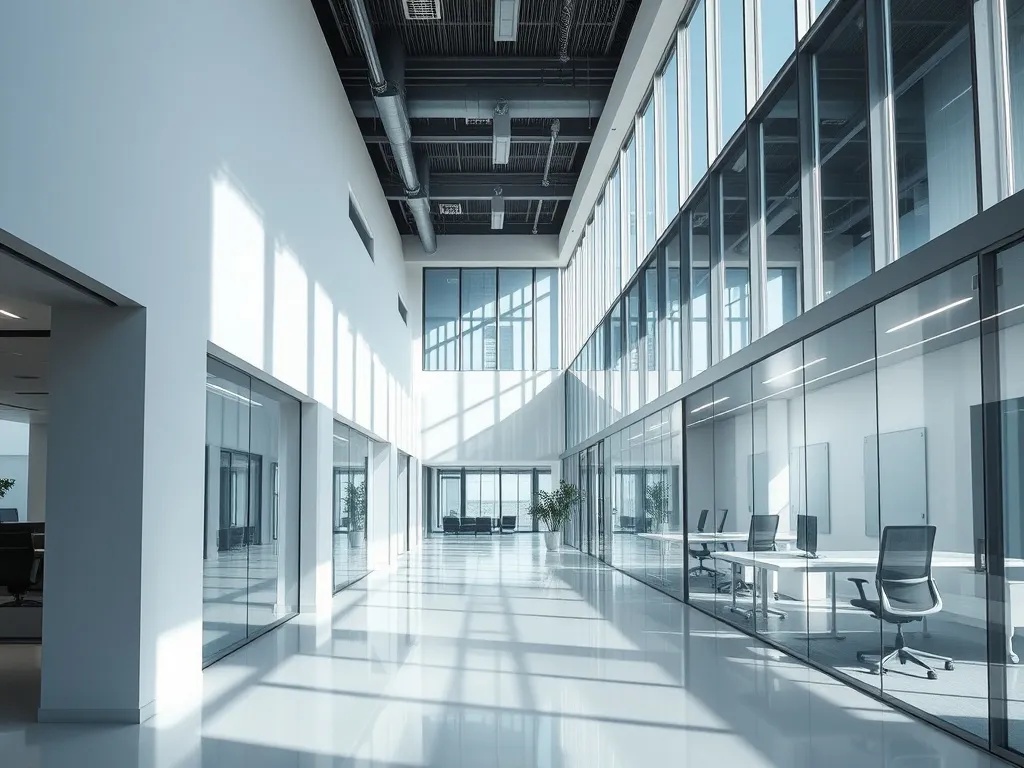 A high-tech minimalist office interior with clean lines, arc