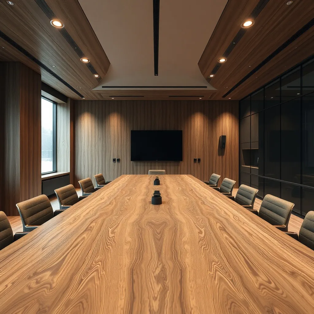 A minimalist meeting room with a large wooden table, archite