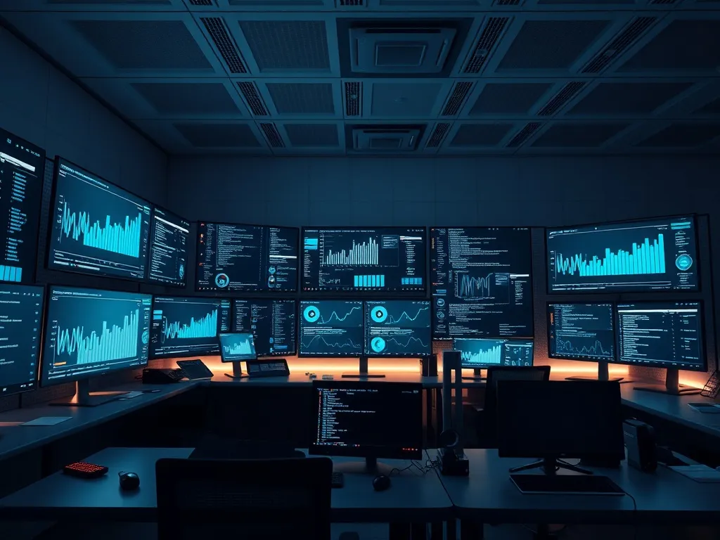 A high-tech minimalist office space with multiple monitors s