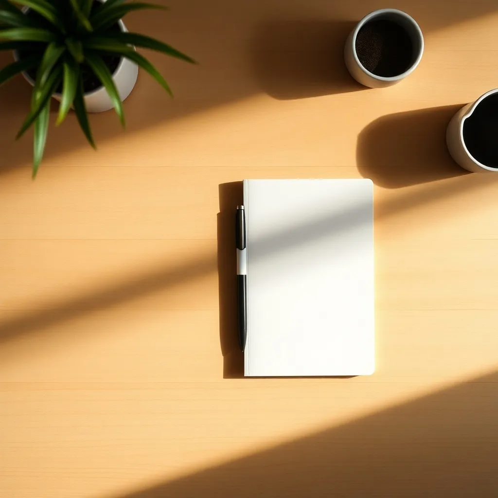 A minimalist, top-down view of a clean wooden desk with a si