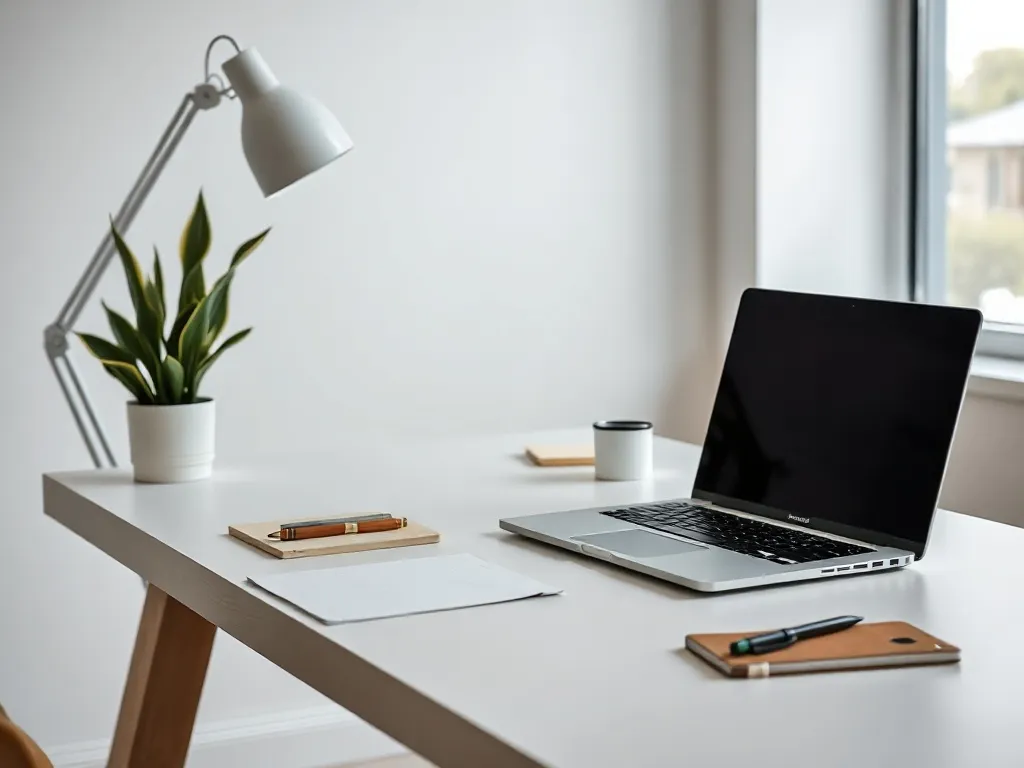 A minimalist modern office workspace with a laptop, notebook